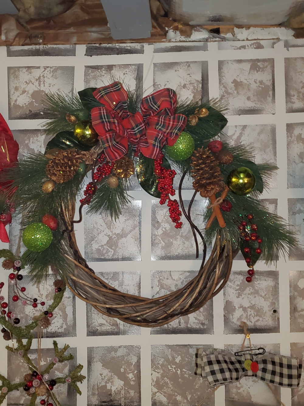Handcrafted Festive Pine and Berry Holiday Wreath with Red Plaid Bow